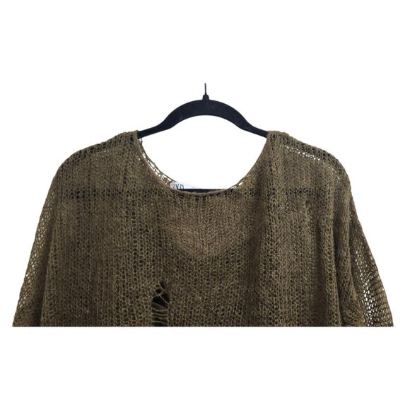 ZARA Distressed Knit Sweater Women’s Sze L Olive GreenLoose Open Weave Wool Boho - Picture 5 of 15